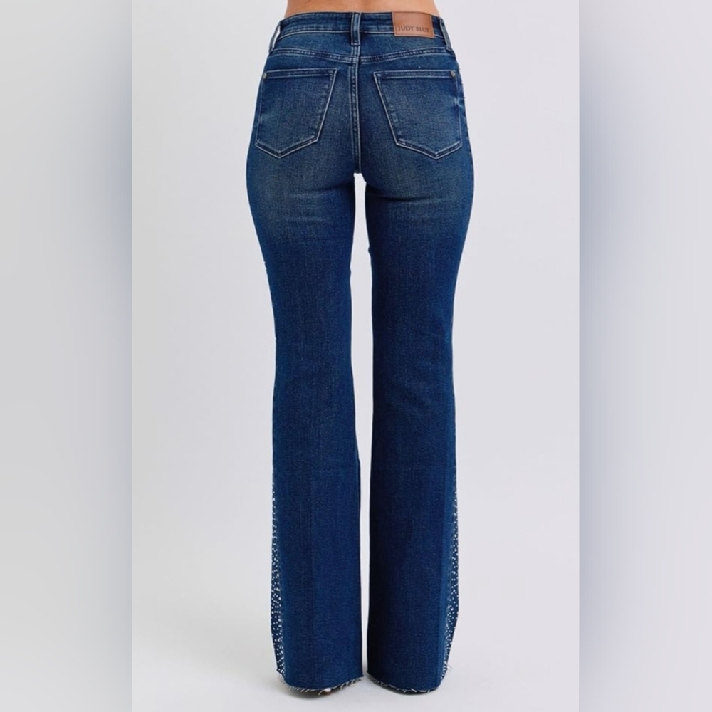 Judy Blue High Rise Dark Wash Rhinestone Side Panel Flare Jeans Raw Hem 9/29 NEW - Picture 12 of 14